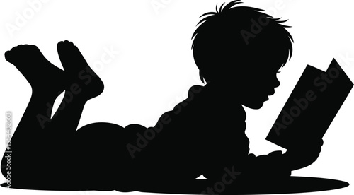 Child Lying on Stomach Reading a Book Silhouette, Transparent Background.