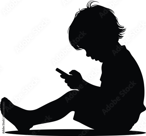 Child Sitting and Using Smartphone Silhouette Vector, Transparent Background.