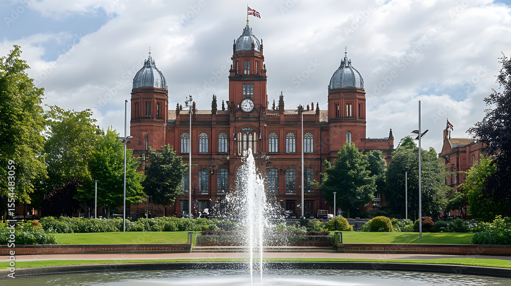 Obraz premium A magnificent town hall in the West Midlands with a fountain in its courtyard. Illustration of popular places in the world.