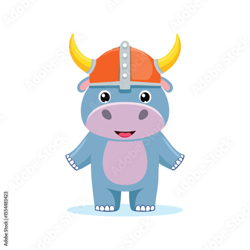 Simple Illustration Cute Hippopotamus with Viking Helmet