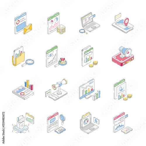 Check out premium bundle of isometric icons showing seo and advertising concepts