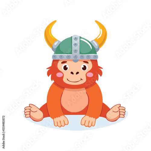 Simple Illustration Cute Orangutan with Viking Helmet