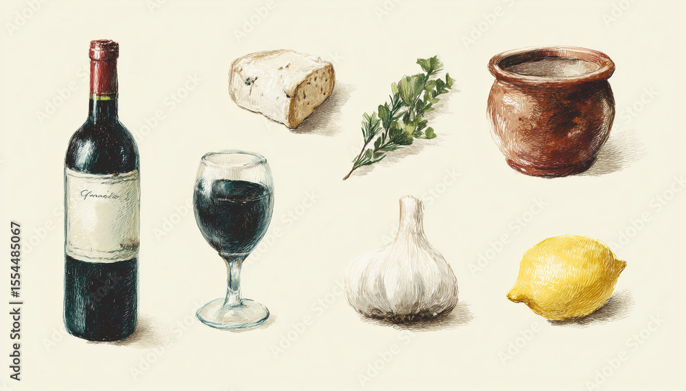 Naklejka premium A set of Mediterranean food and wine, Mediterranean art