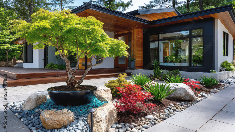 Fototapeta premium Modern house with wooden accents and vibrant front yard landscaping featuring decorative rocks, potted tree, colorful shrubs and clean architectural lines.