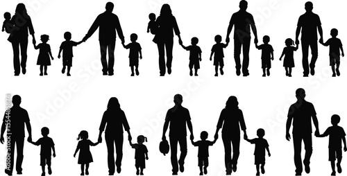 Silhouettes of diverse family groups with children, parenting, holding hands, togetherness, mother, father, baby, siblings, care, bonding, love, support, unity, lifestyle