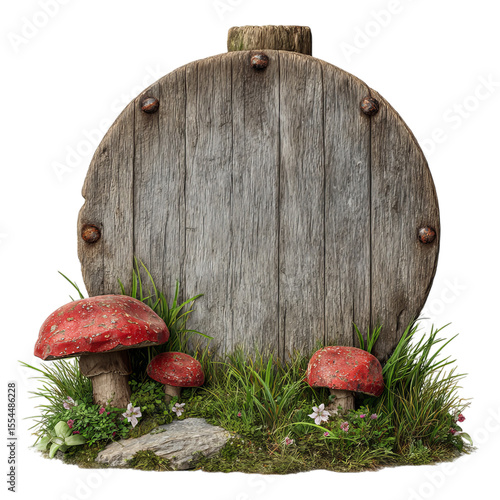 Rustic wooden circle with mushrooms isolated on transparent background