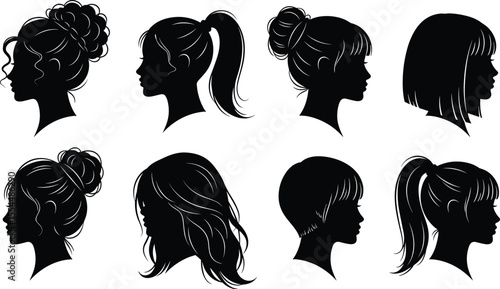 Silhouettes of diverse women with various hairstyles in profile view, elegant haircuts, beauty concept, feminine style, ponytails, buns, waves, bangs, fashion illustration