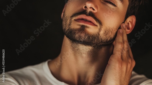 European Man Holding His Neck Checking for Medical Issues with Arabic Text