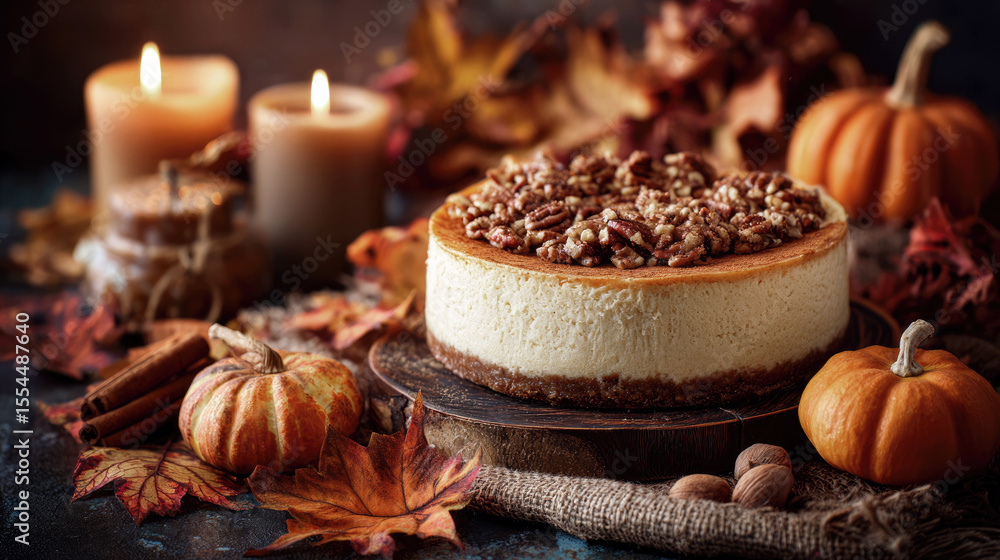 Fototapeta premium Homemade pecan cheesecake surrounded by autumn leaves, pumpkins and candles, capturing the cozy essence of fall dessert and seasonal celebration.
