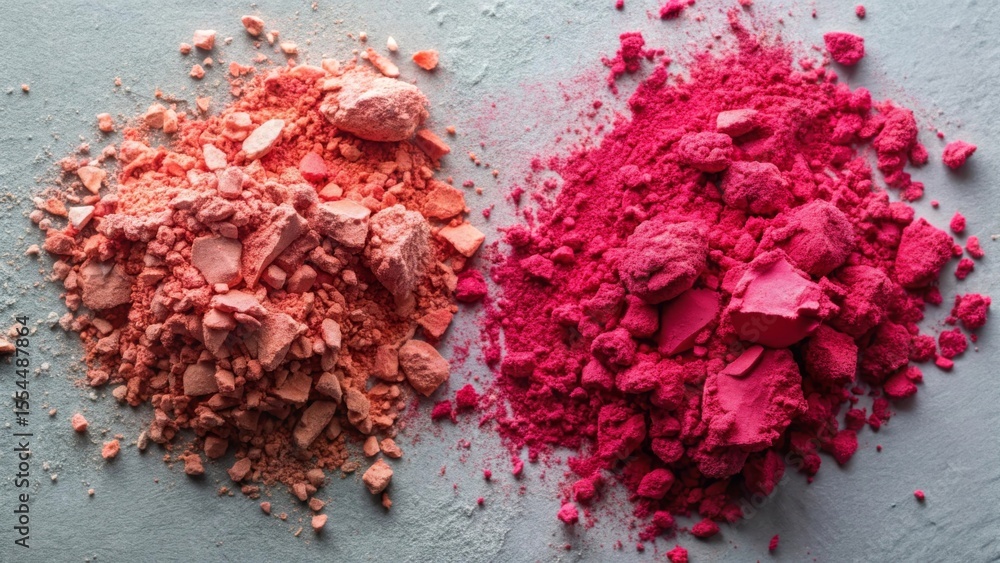 Fototapeta premium Crushed Makeup Powder in Coral and Bright Pink Shades on a Light Gray Background