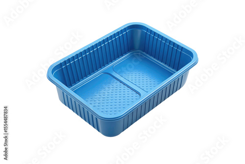 Blue plastic food container with ribbed sides and textured base isolated on transparent background