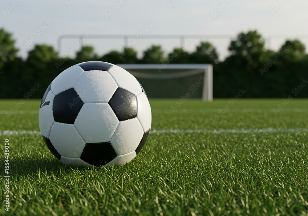 Fototapeta premium Classic black and white soccer ball on a green grass field with a goal in the blurred background