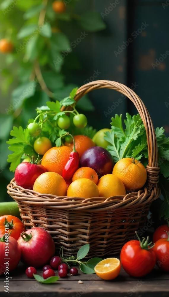 A bountiful harvest of fresh fruits and vegetables overflowing from a rustic wicker basket, ready for market or a delightful picnic , zucchini, spinach A bountiful harvest of fresh fruits and vegetables overflowing from a rustic wicker basket, ready for market or a delightful picnic , zucchini, spinach
