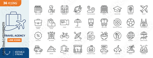 Travel agency line editable icon set. Containing traveling, tourism, booking, different tours, visa assistance, insurance, and more. Editable stroke. Vector illustration