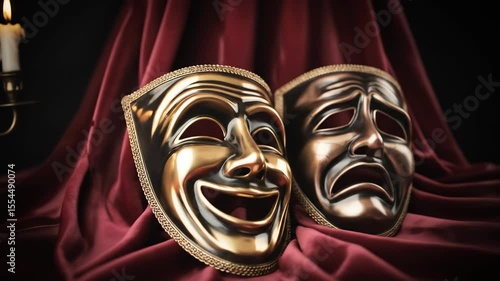 Comedy and tragedy masks on velvet fabric classic theatrical props stage performance props dark and light contrast artistic still life photo for drama or arts editorial use high quality stock photo