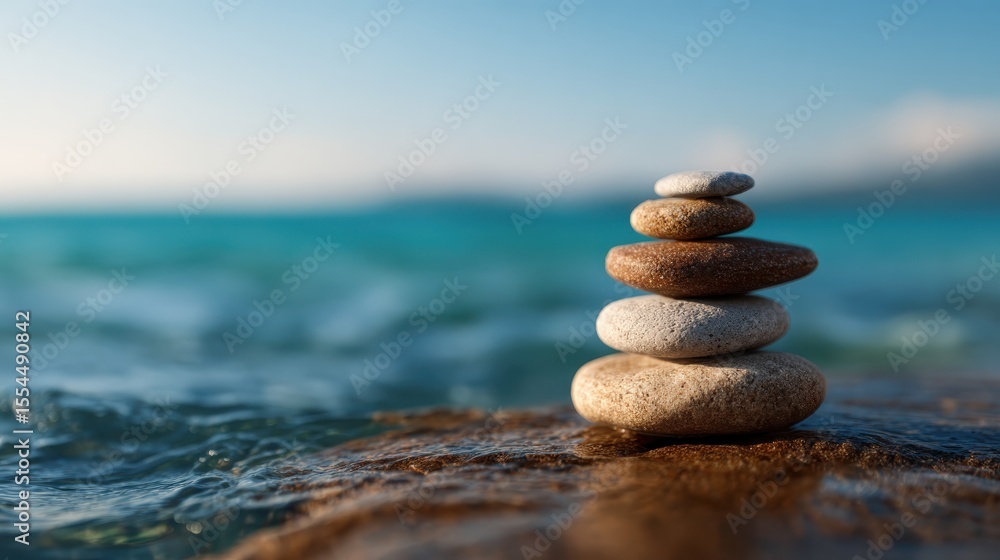 Fototapeta premium An artistic arrangement of stacked stones by the ocean waves, symbolizing balance, tranquility, and harmony with nature, invoking a serene state of mind.