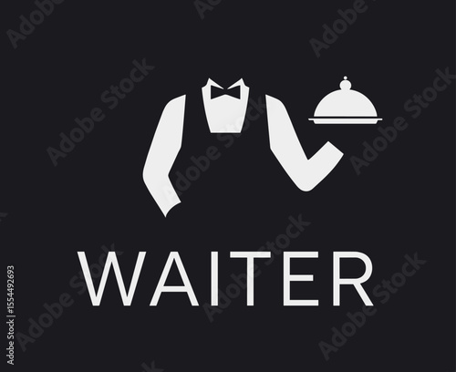 Modern waiter logo with abstract headless figure holding covered dish on black background, in minimal style