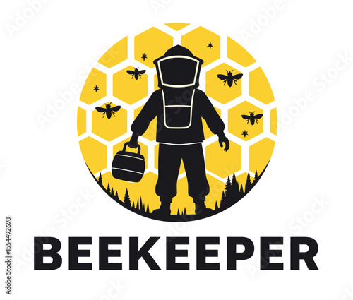 Modern beekeeper logo with protective suit, bees flying around and honeycomb pattern in circular background