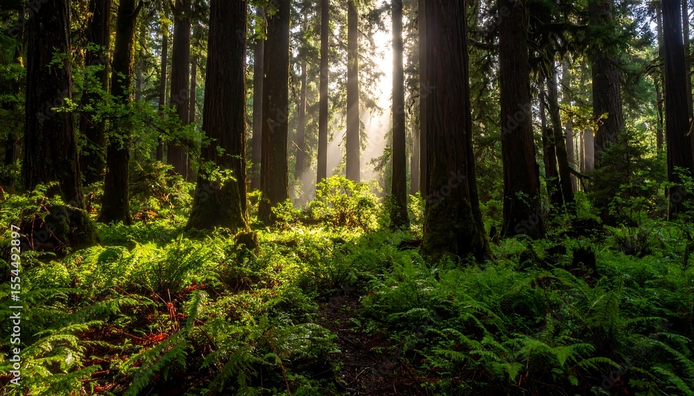 Fototapeta premium Sunlight filters through the dense canopy of a lush Pacific Northwest forest, illuminating ferns and mossy trees.
