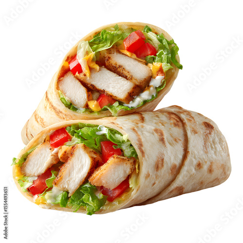 Delicious grilled chicken wrap with lettuce tomato and cheese isolated on transparent background