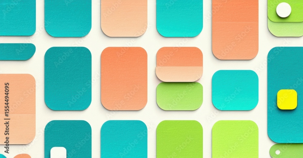 Rectangular shapes overlap, creating vibrant wall pattern. Colors include turquoise, peach, lime green. Minimalist design, clean aesthetic. Rectangular shapes overlap, creating vibrant wall pattern. Colors include turquoise, peach, lime green. Minimalist design, clean aesthetic.