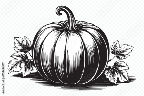 black and white pumpkin illustration vector with intricate leaf details for seasonal autumn design elements