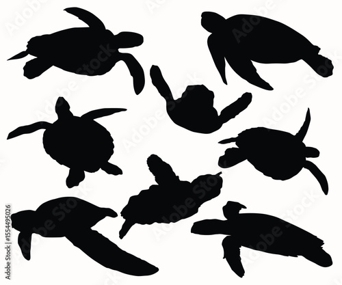 Black flat color simple elegant Aldabra Giant Tortoise animal vector and illustration. Sea turtle stencil template bundle isolated on white background. Beautiful tortoise walking and swimming.