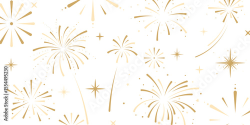Golden Fireworks. Festive fireworks with stars and sparks isolated on white background.