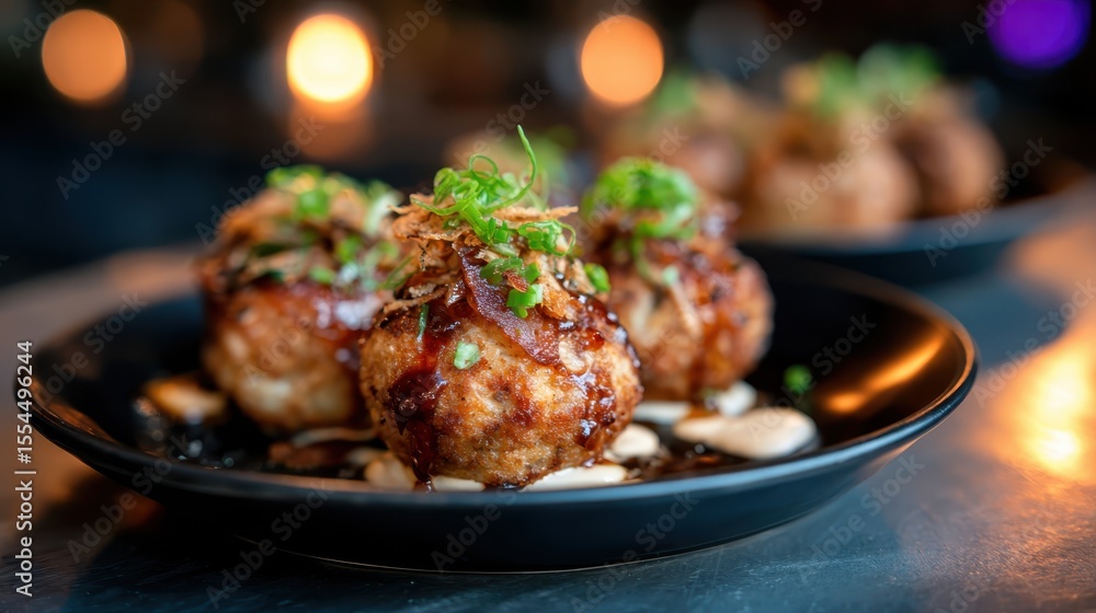 A plate of gourmet meatballs garnished with green onions and drizzled with rich sauce, presenting an enticing and appetizing dish perfect for food lovers and culinary enthusiasts. A plate of gourmet meatballs garnished with green onions and drizzled with rich sauce, presenting an enticing and appetizing dish perfect for food lovers and culinary enthusiasts.