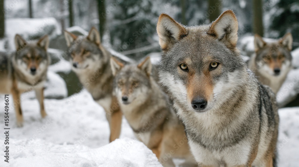 Fototapeta premium Pack of wolves standing in snow covered forest looking at the viewer.