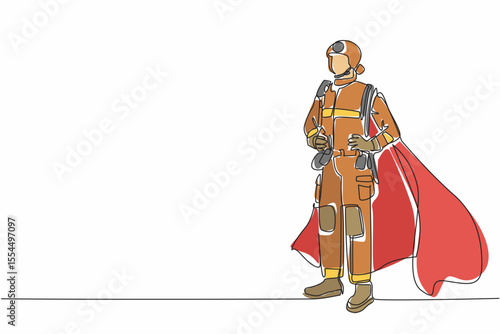 Continuous one line drawing male firefighter in full uniform and wings holding waist. Hero who fights when fire devours buildings. National Superhero Day. Single line draw design vector illustration