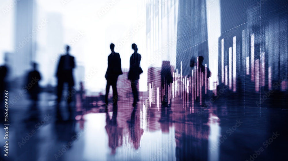 Silhouetted people stand near tall buildings in an urban cityscape scene. Silhouetted people stand near tall buildings in an urban cityscape scene.