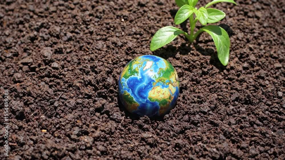 Tiny Earth globe planted in soil with green sprout, symbolizing environmental protection, sustainability, green growth, climate change awareness, eco-friendly lifestyle, agriculture, global ecology Tiny Earth globe planted in soil with green sprout, symbolizing environmental protection, sustainability, green growth, climate change awareness, eco-friendly lifestyle, agriculture, global ecology