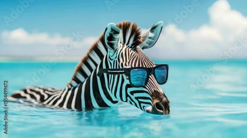 Zebra wearing sunglasses relaxing in bright blue pool water