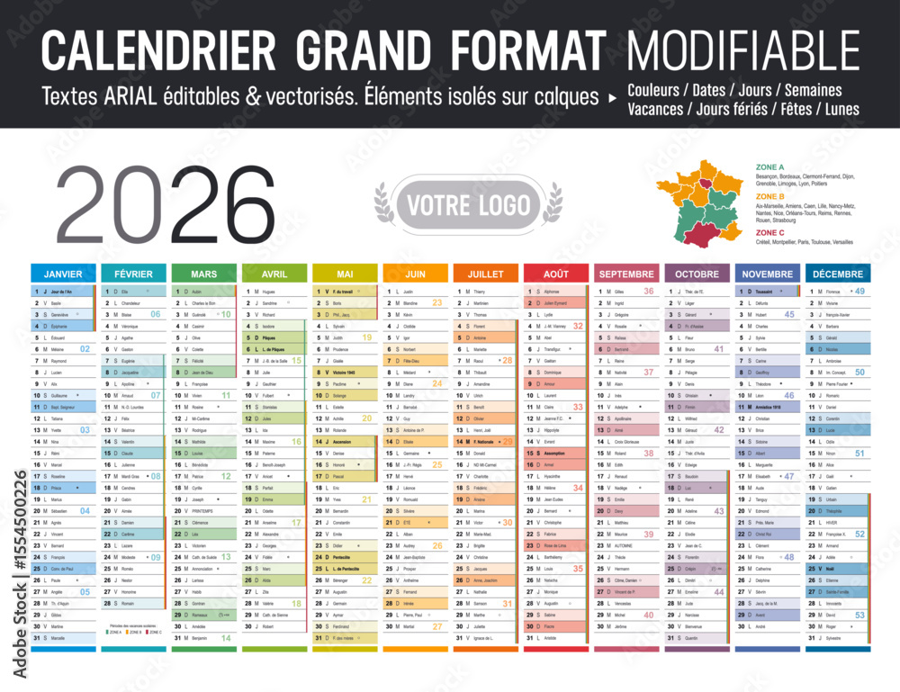 Calendrier Français 2026 modifiable, grand format France, éléments isolés sur calques, textes en Arial, éditables et vectorisés