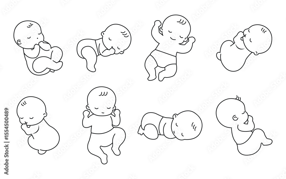 Obraz premium Sleeping baby icon set in line style. Outline icon set of baby sleeping peacefully. new born baby sleep vector icon. cute baby sleep.