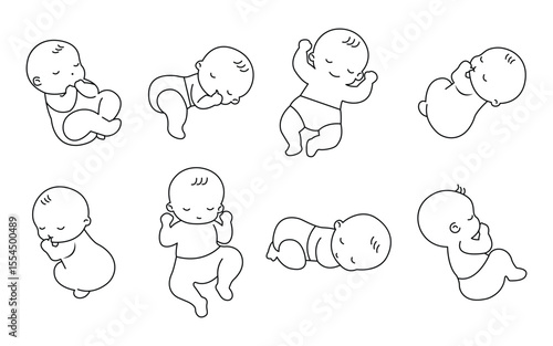 Sleeping baby icon set in line style. Outline icon set of baby sleeping peacefully. new born baby sleep vector icon. cute baby sleep.