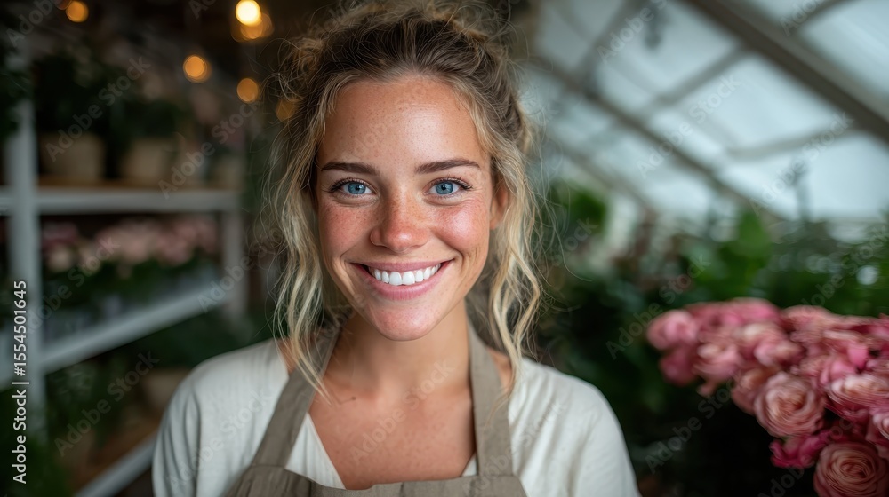 custom made wallpaper toronto digitalA smiling young woman stands in a vibrant flower shop, surrounded by an array of beautiful blooms, embodying joy and warmth in a lively atmosphere.