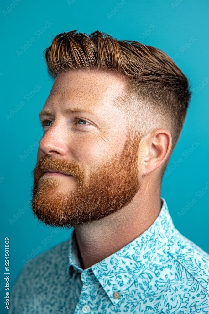 Obraz premium Fashionable men's slick back with fade haircut - midlife white man with red hair. Visual idea of style for aging men. A chic and vibrant male with effortless elegance. Blue solid background.