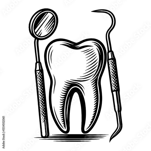Detailed Human Tooth with Dental Mirror and Probe Medical Black and White Outline Line Art Drawing