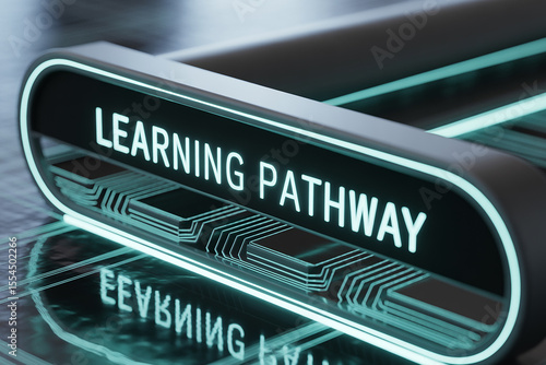 Futuristic glowing text display with circuit board design learning pathway technology