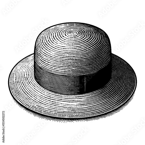 Classic Straw Boater Hat Fashion Accessory Black and White Outline Line Art Drawing Vintage Style
