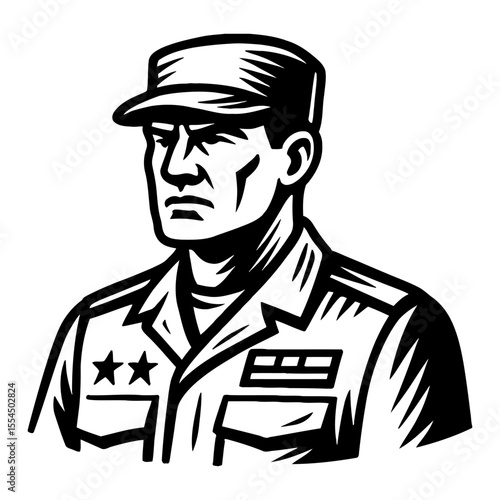 Stern Military Man Officer in Uniform and Cap with Stars Black and White Outline Line Art Drawing
