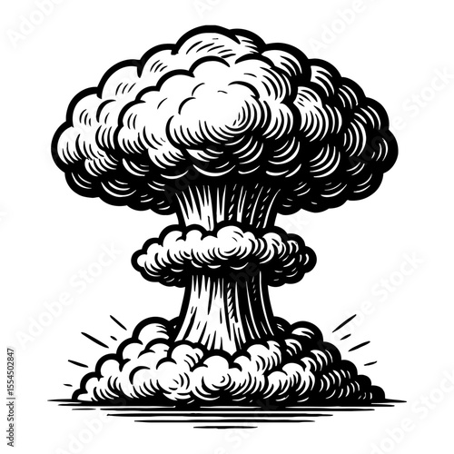 Powerful Explosion Mushroom Cloud Black and White Outline Line Art Drawing Vintage Engraving Style
