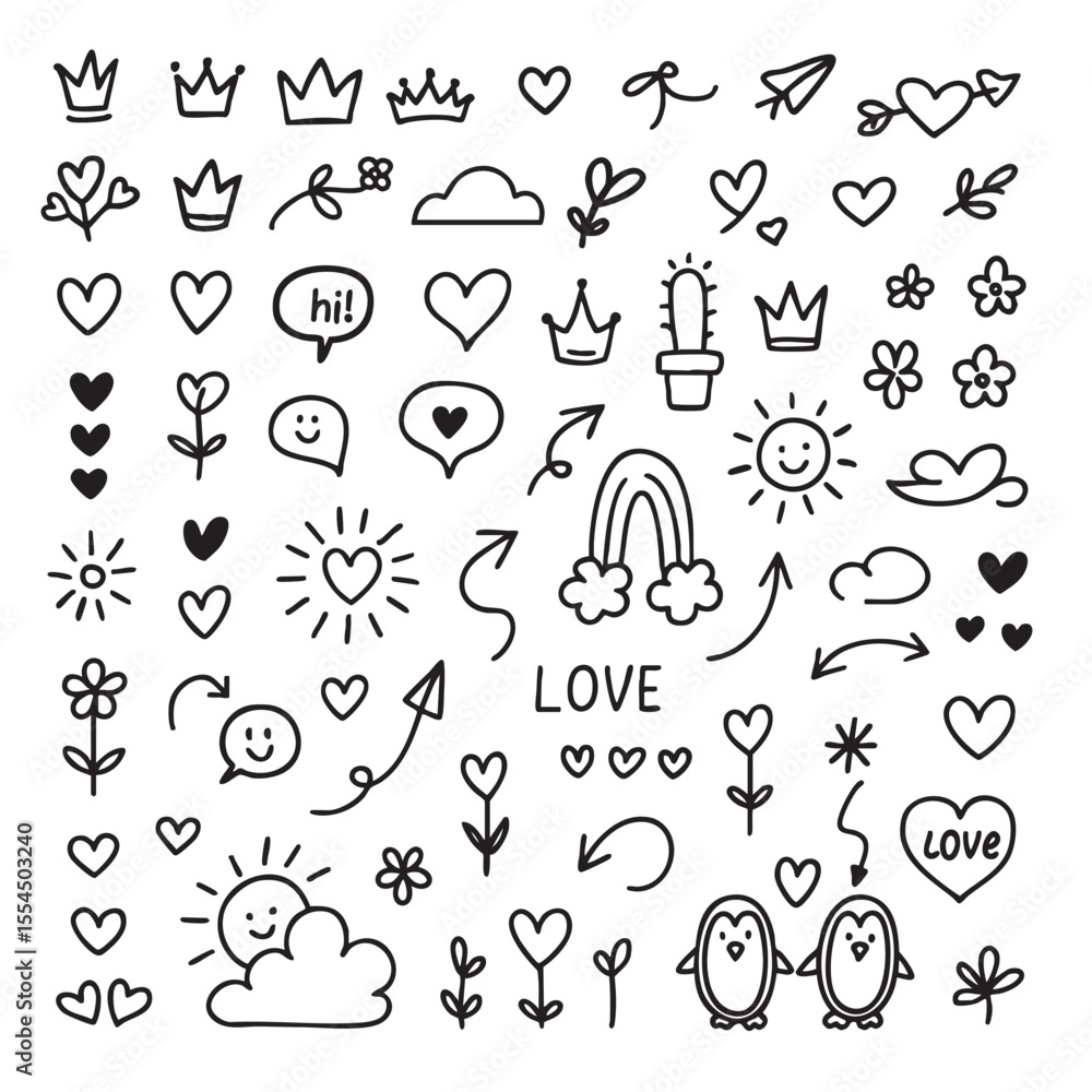 Cute doodles of hearts, flowers, clouds, and playful elements create joyful atmosphere Cute doodles of hearts, flowers, clouds, and playful elements create joyful atmosphere
