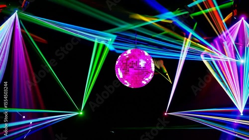 Colorful laser beams and glowing disco ball in vibrant motion lighting up a dark party scene, symbolizing nightlife culture, entertainment technology, EDM festivals, and immersive light shows