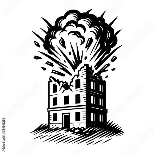 A Destroyed Building Exploding with Debris and Smoke Cloud in a Classic Black and White Outline Line Art Drawing