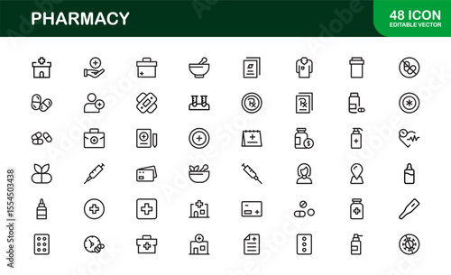 Vector Pharmacy Icon Set Featuring Medical Symbols, Pills, Prescriptions, and Healthcare Elements