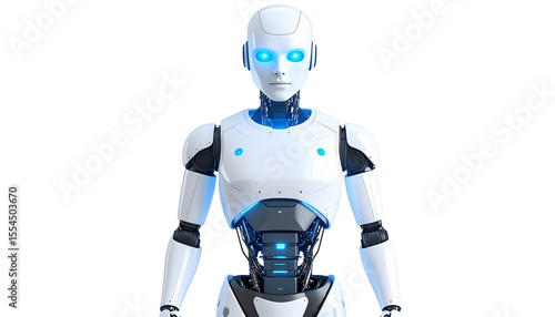 Sleek humanoid robot with glowing blue eyes standing in a neon isolated on transparent background. Png

