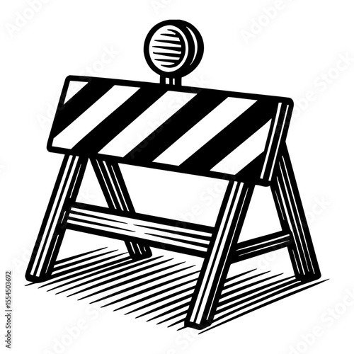 Isolated Construction Barrier Roadblock with Warning Light Black and White Outline Line Art Drawing